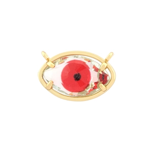 Detail view of 18K gold-plated evil eye pendant with red pupil and faceted clear gemstone
