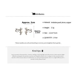 Detail view of round pearl ear clip with zircon accents showing exact product dimensions