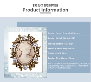 Detailed spec sheet showing vintage lady portrait brooch with rhinestone floral frame