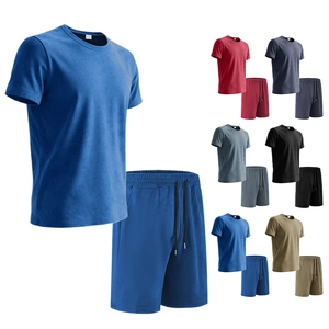 Men's casual tracksuit set featuring crew neck t-shirt and drawstring shorts in multiple colors