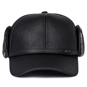 Winter men's black PU leather baseball cap with fold-down earflaps and warm plush lining