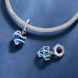 Ciondolo a cuore in cristallo blu in argento sterling 925 per bracciali fai-da-te