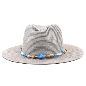 Unisex wide brim straw sun hat in grey with ethnic beaded band for outdoor travel