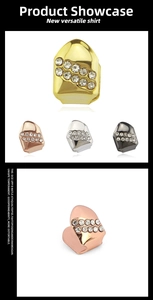 Detail of double row crystal encrusted hip hop tooth grills in four metallic finishes
