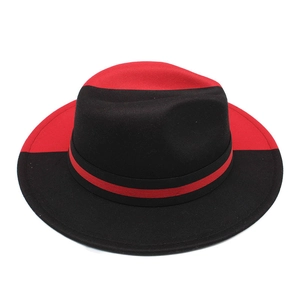 Two-tone black and red wool felt jazz fedora hat with flat brim for fashion parties