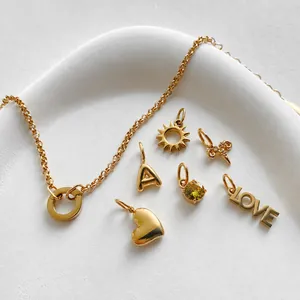 Women's 14K Gold Plated Stainless Steel Charm Bracelet With LOVE Heart Sun Zodiac Yellow Rhinestone Pendants Fashion Jewelry