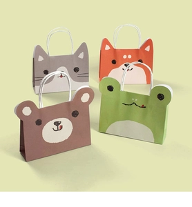 Detailed view of four colorful cartoon animal paper gift bags with twisted handles