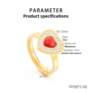 Detailed parameter view of 18k gold plated heart ring with red glass and crystals