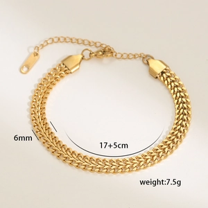 Detailed view of 6mm wide gold plated mesh chain bracelet with size and weight metrics