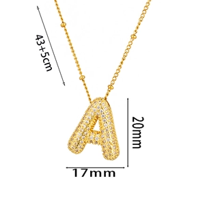 Pave-set zircon bubble letter A pendant with dimensions 20mm by 17mm on bead chain