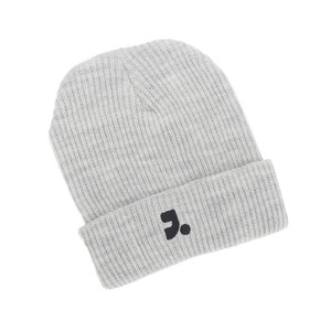 Detail of light grey ribbed knit beanie with folded cuff and small 'j.' embroidery