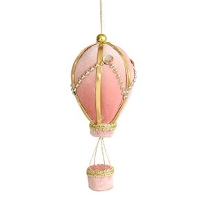 Pink velvet hot air balloon Christmas ornament with gold glitter and pearl accents