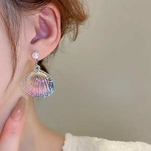 Close-up of iridescent shell drop earrings with white pearls worn by a model