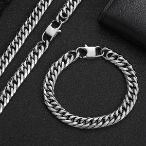 Chunky silver hip hop Cuban link chain necklace and bracelet set in polished stainless steel