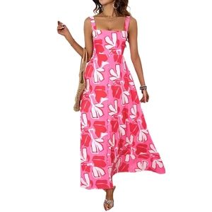 Pink floral A-line beach maxi dress with square neck and wide straps in a breezy summer style