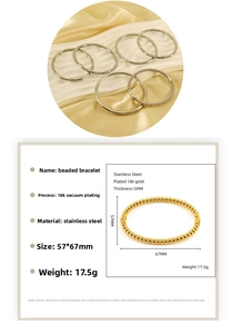 Detailed size chart for stainless steel beaded bangles with dimensions and materials