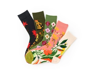 Detailed view of five pairs of cotton socks featuring cat and floral patterns on white background