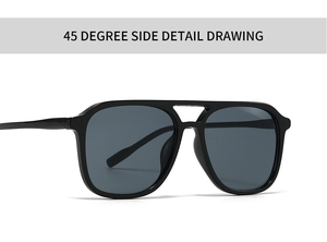 Detailed 45-degree side view of modern square sunglasses with black frame and grey lenses