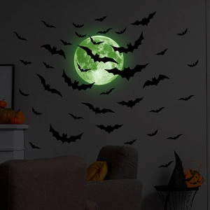 3D Halloween wall stickers with luminous green full moon and black bat silhouettes