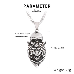 Detailed specs for stainless steel wolf skull pendant measuring 46x22mm and weighing 23g