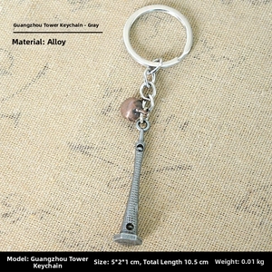 Detail view of alloy Canton Tower keychain with antique silver and bronze finish