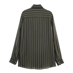 Back view of a striped long sleeve shirt with vertical stripes and high drape fabric
