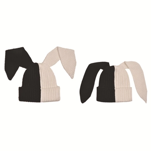 Unisex black and white split knit rabbit ear beanie hat for winter cosplay