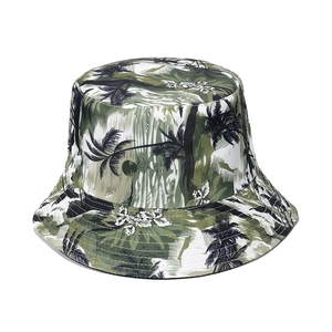 Tropical coconut tree print bucket hat with reversible design and outdoor sun protection