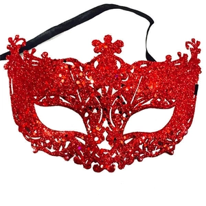 Detailed view of a red sequined Venetian party mask with black ribbon ties on white backdrop
