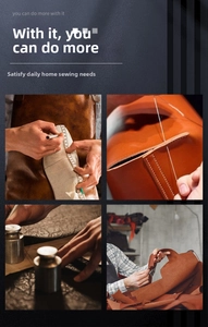 Detail view of leather DIY kit showing marking, sewing, fixing and cutting steps