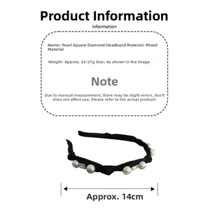 Detail showing pearl and square crystal headband with 14cm width measurement display