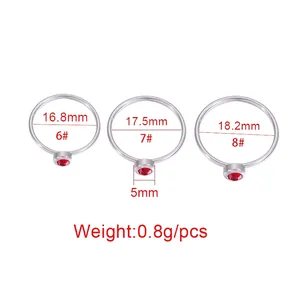 Stainless steel birthstone ring size chart showing diameters for sizes 6, 7, and 8