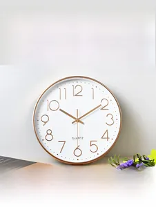 Detail of 14-inch silent wall clock with rose gold 3D numbers and white dial