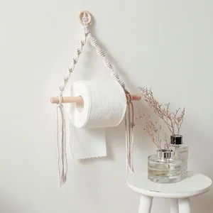 Macrame Paper Towel Holder Handmade Cotton Rope Wood Wall Tapestry Bathroom Kitchen Decor Bohemian Nordic Style