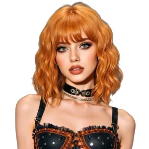 Short wavy bright orange bob wig with bangs, styled in a vibrant ginger hue for women