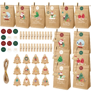 24-set Christmas kraft paper gift bags with festive tags, stickers, clips and jute rope