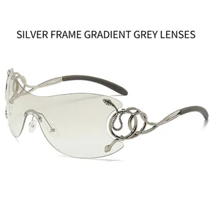 Frameless oversized sunglasses with silver snake decor and gradient grey lenses