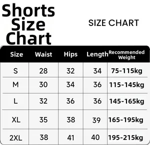 Detailed size chart for women's yoga shorts showing waist, hip, and length measurements