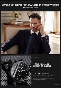 Men's quartz watch with black mesh strap and dual calendar display in business style
