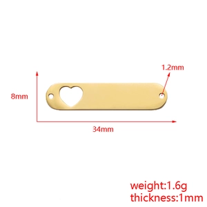 Detailed dimensions of gold rectangular stainless steel heart pendant with 34mm length