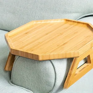 Bamboo sofa armrest tray table with octagonal design and adjustable folding clips