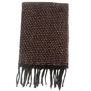 Detail of knitted winter scarf with brown mixed patterns and decorative fringe edges