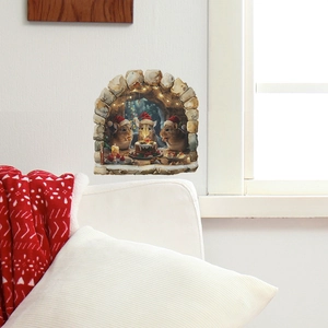 3D Christmas mouse hole wall sticker showing mice and cake in a cozy stone arch scene
