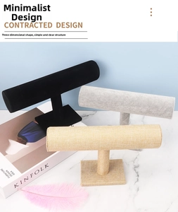 Three-piece T-bar jewelry display stands in velvet and linen textures for bracelets