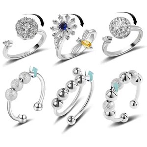 Rotatable Anxiety Rings For Women Adjustable Copper Zircon Flower Bee Spinner Stress Relief Jewelry