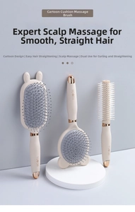 Detailed view of beige massage hairbrush set with rabbit ears and rose gold accents