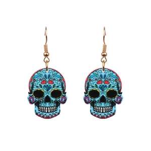 Detail of blue sugar skull acrylic earrings with colorful heart and diamond floral patterns