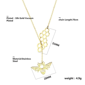 Detailed specs of gold 18k plated stainless steel honeycomb and bee pendant necklace
