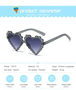 Detailed size guide and technical specifications for heart-shaped children's sunglasses