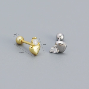 925 silver heart stud earrings with screw ball back in gold and silver finish
